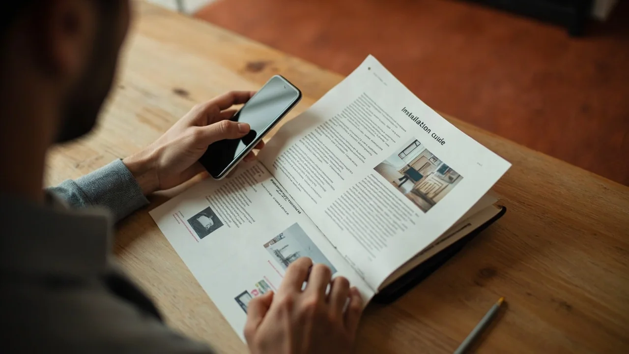 An adult at a wooden reading desk with a generic smartphone with a dark screen face-up, a paper pad and a sharpened pencil beside it.