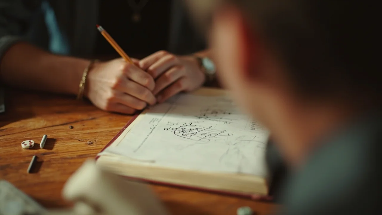 A small paper note with a clean ruled margin being placed on a wooden reading desk beside an open rulebook.