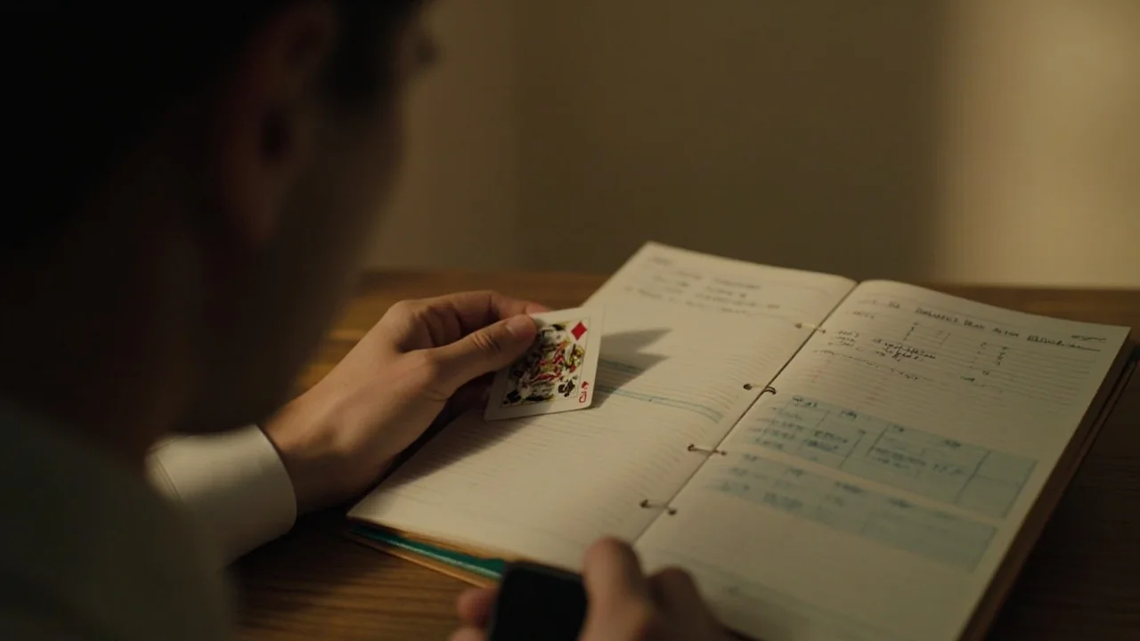 An adult at a wooden reading desk writing in a plain notebook.