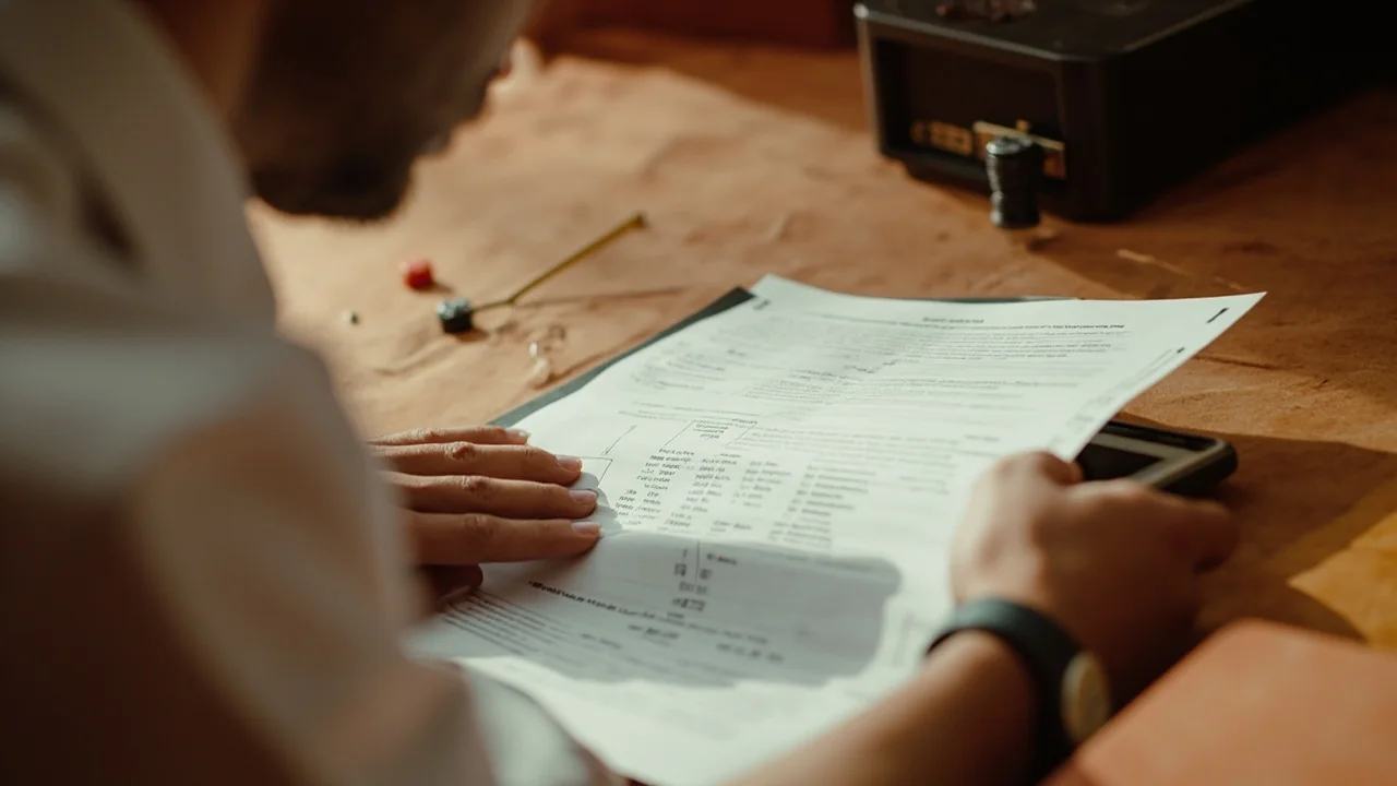 An adult at a wooden reading desk with a generic smartphone with a dark screen face-up beside a paper pad, prepared for KYC and payment rail review.