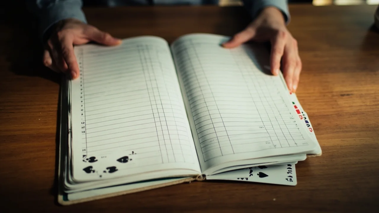 An open scorebook on a wooden reading desk with several blank entry rows and neat melds of playing cards in front.