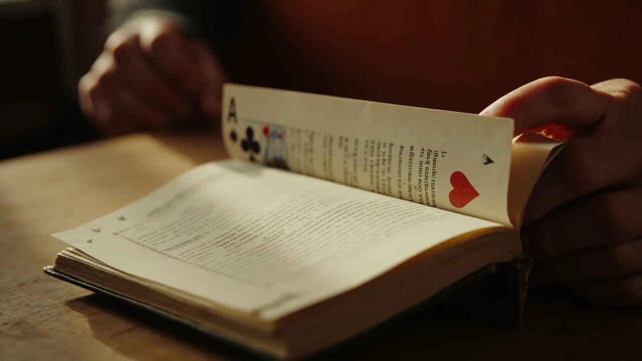 An adult turning a page of an open hardbound rummy rulebook on a wooden reading desk.