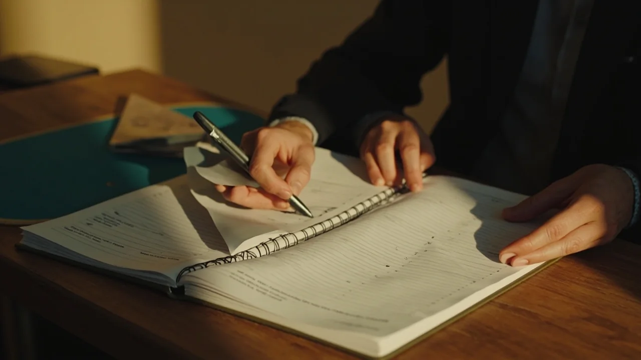 A generic smartphone with a dark screen face-up beside a small ruled paper login log on a wooden reading desk.