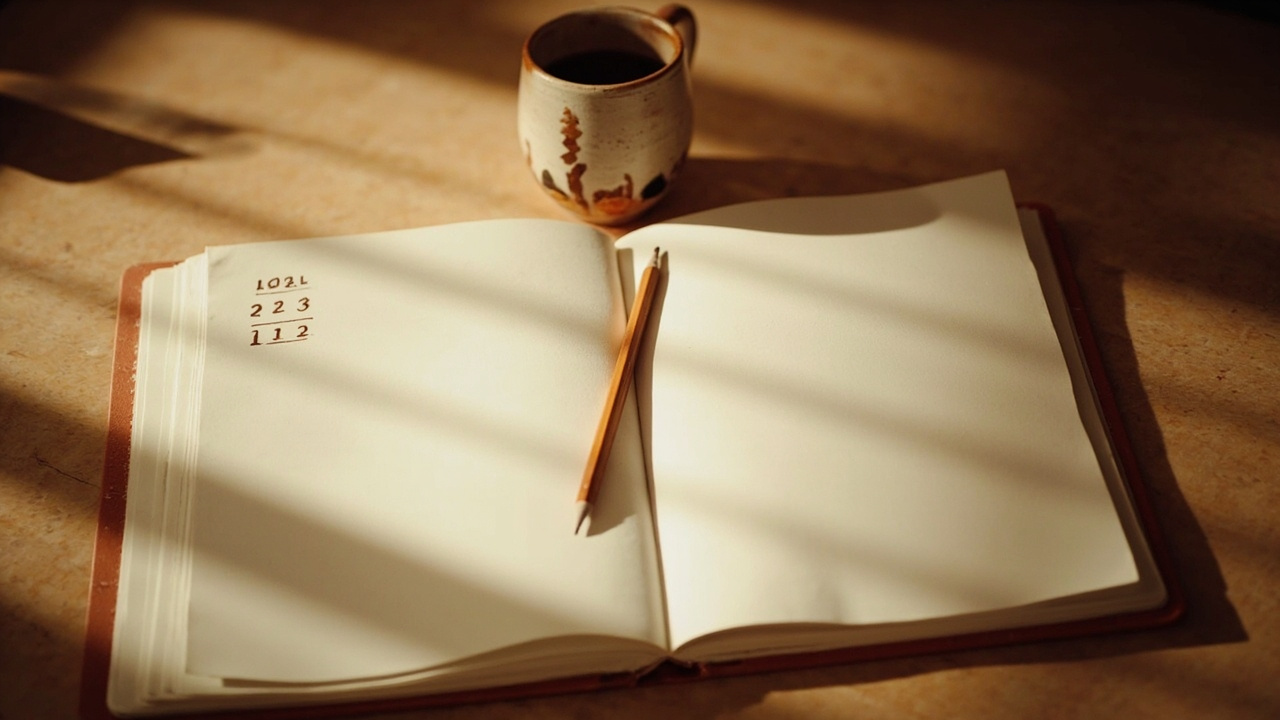 An open ruled notebook on a wooden reading desk with three neat dated lines of handwriting and a sharpened pencil beside it.