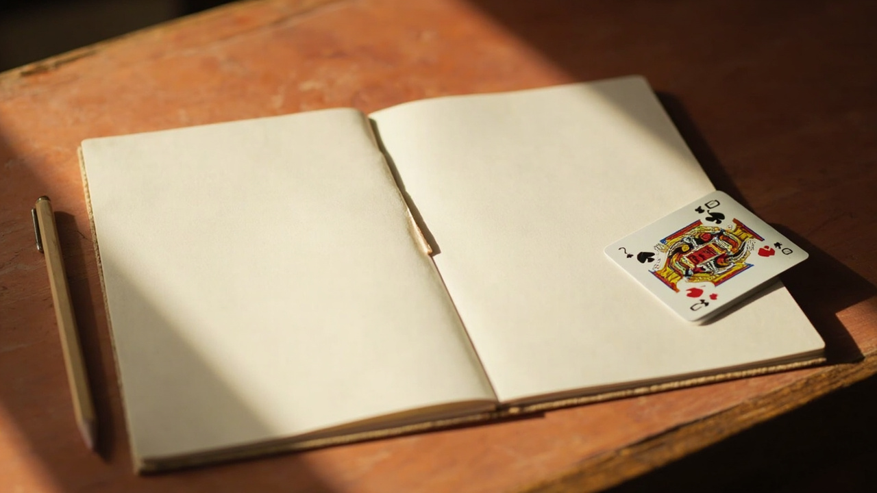 An adult researcher at a wooden reading desk consulting a single closed reference book beside an open ruled notebook and a sharpened pencil.