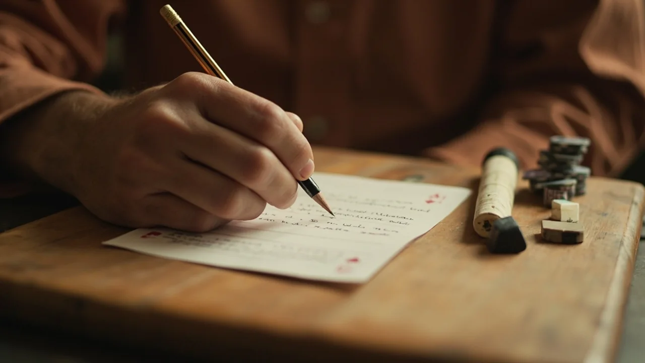 An adult reader writing a six-character alphanumeric sequence onto a small ruled paper slip at a wooden reading desk.