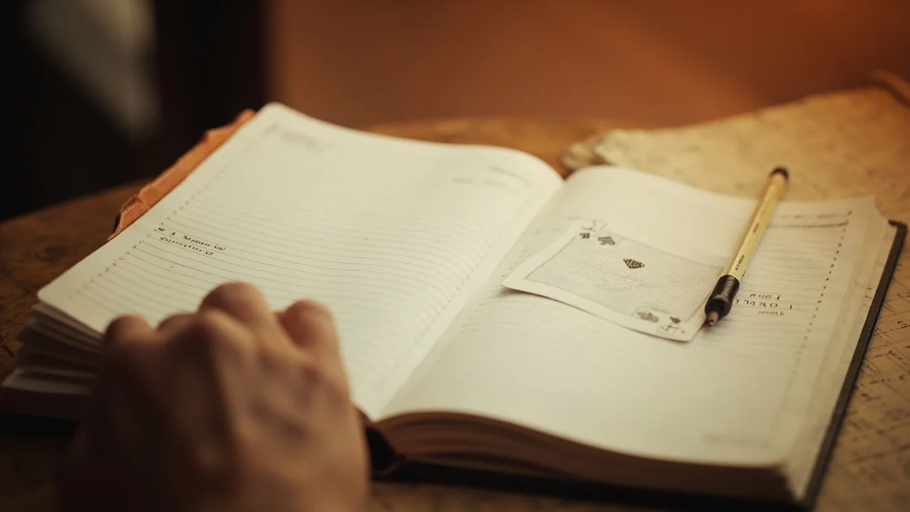 An open paperback notebook with neat handwriting on a wooden reading desk.