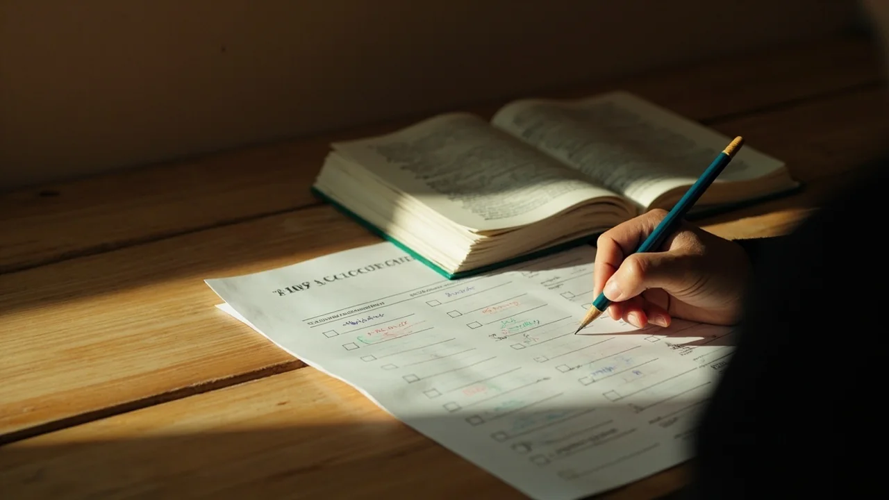 An open paperback notebook with neat handwriting on a wooden reading desk.