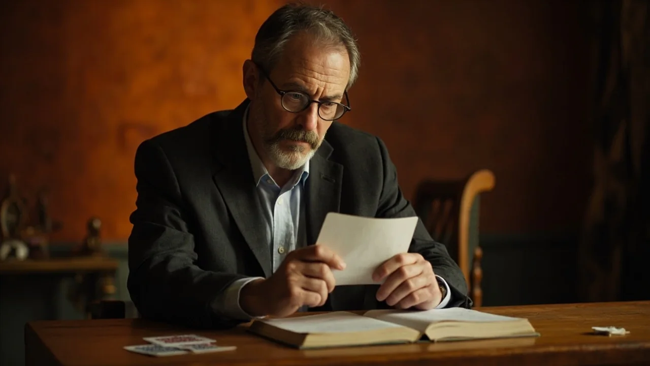 An adult at a wooden desk studying a small blank index card with a closed rulebook beside it.
