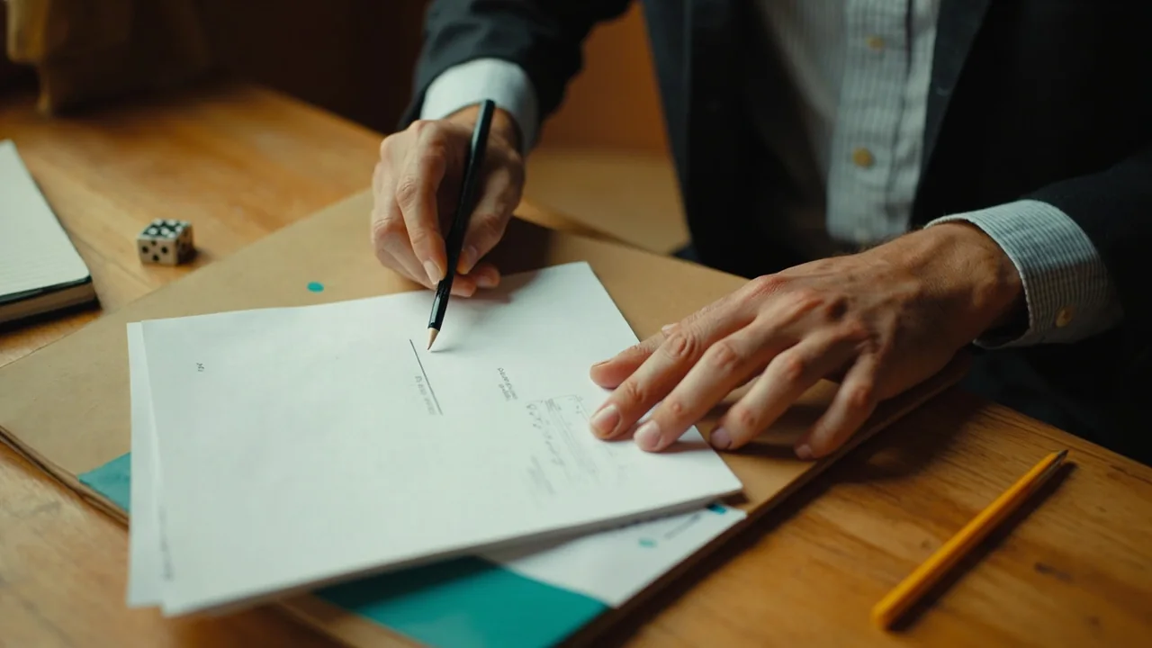 An adult sitting at a wooden reading desk with a small leather wallet, a paper pad and a sharpened pencil neatly arranged, a generic phone face-down beside them.